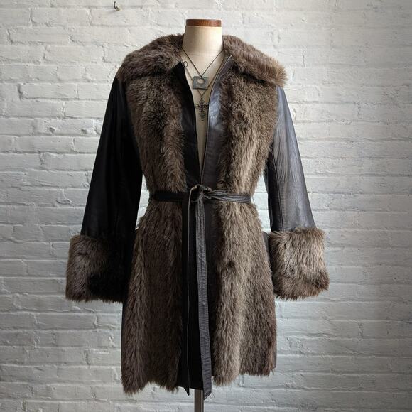 70s Vintage Black Brown Leather Penny Lane Coat Faux Fur Groovy Boho Moto Jacket - Picture 1 of 13